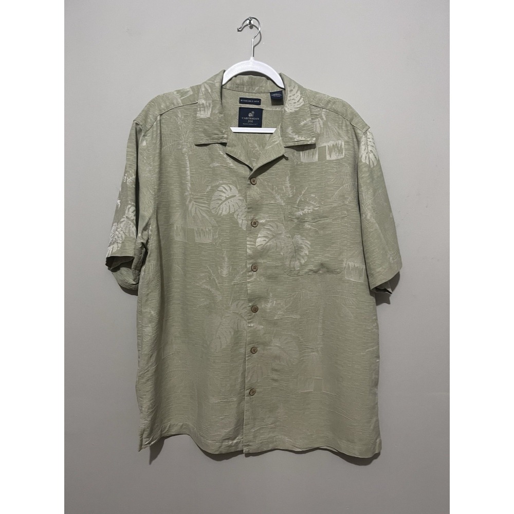 Caribbean Joe Men's 100%‎ Silk Camp Shirt Green XL Tropical Palm Print